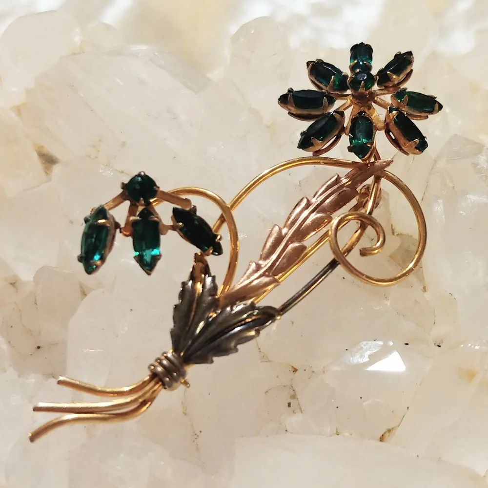Vintage 1930s I. Michelson 12K GF Green Glass Stone Flower Pin Brooch